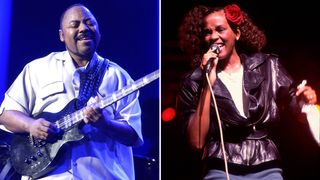 Session legend Paul Jackson Jr. [left] wears a white shirt and plays a black single-cut onstage. On the right, a young Whitney Houston performs in 1985 after her self-title debut catapulted her into the A-list.