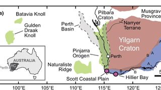 A map of the geology of Western Australia, showing the location of the Scott Coastal Plain. Minerals from this plain date back as old as 4 billion years, revealing the presence of ancient crust underlying the region.