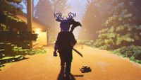 A voxel character with antlers walks through a dimly lit forest path at night