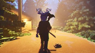 A voxel character with antlers walks through a dimly lit forest path at night