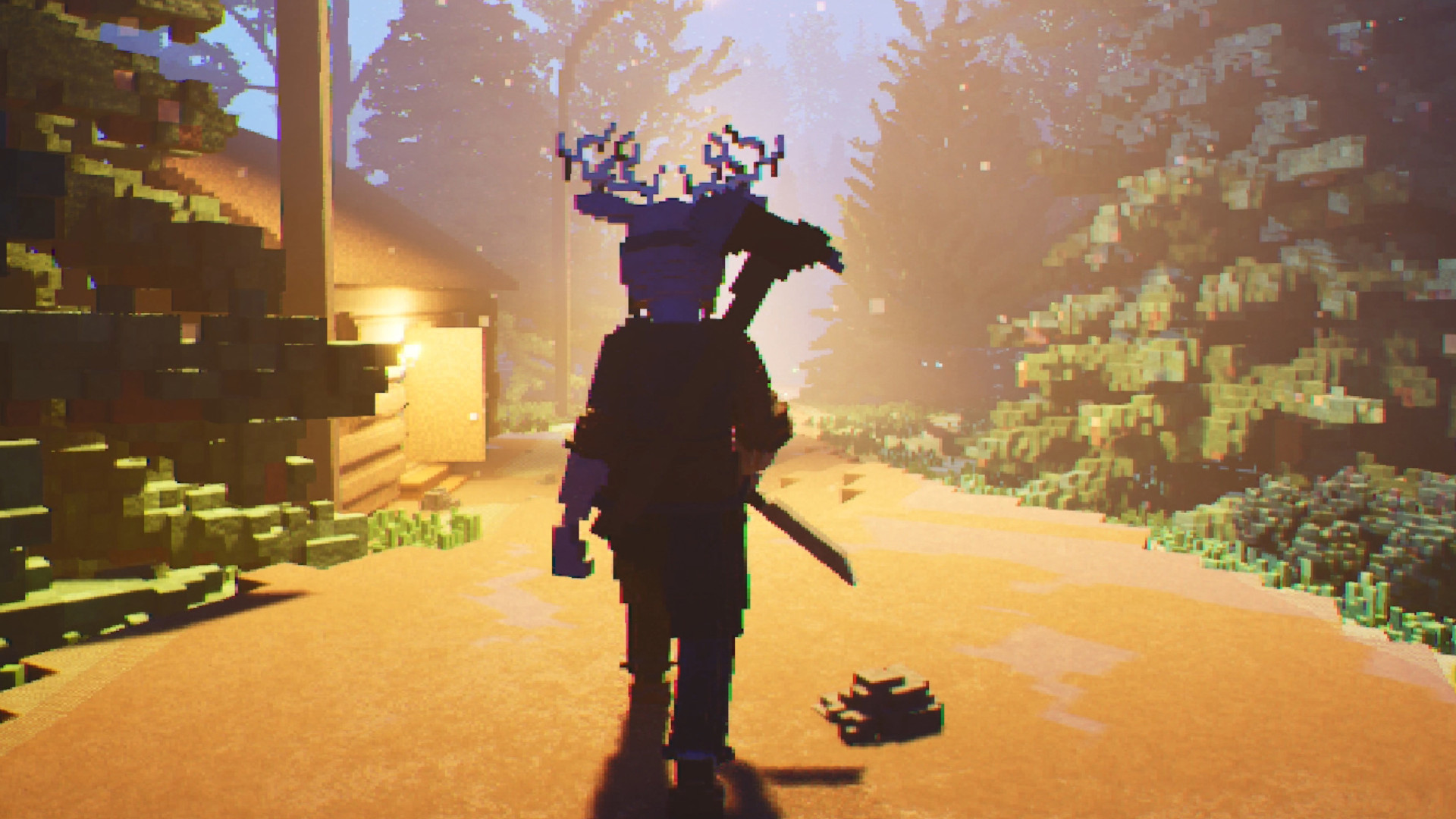 A voxel character with antlers walks through a dimly lit forest path at night