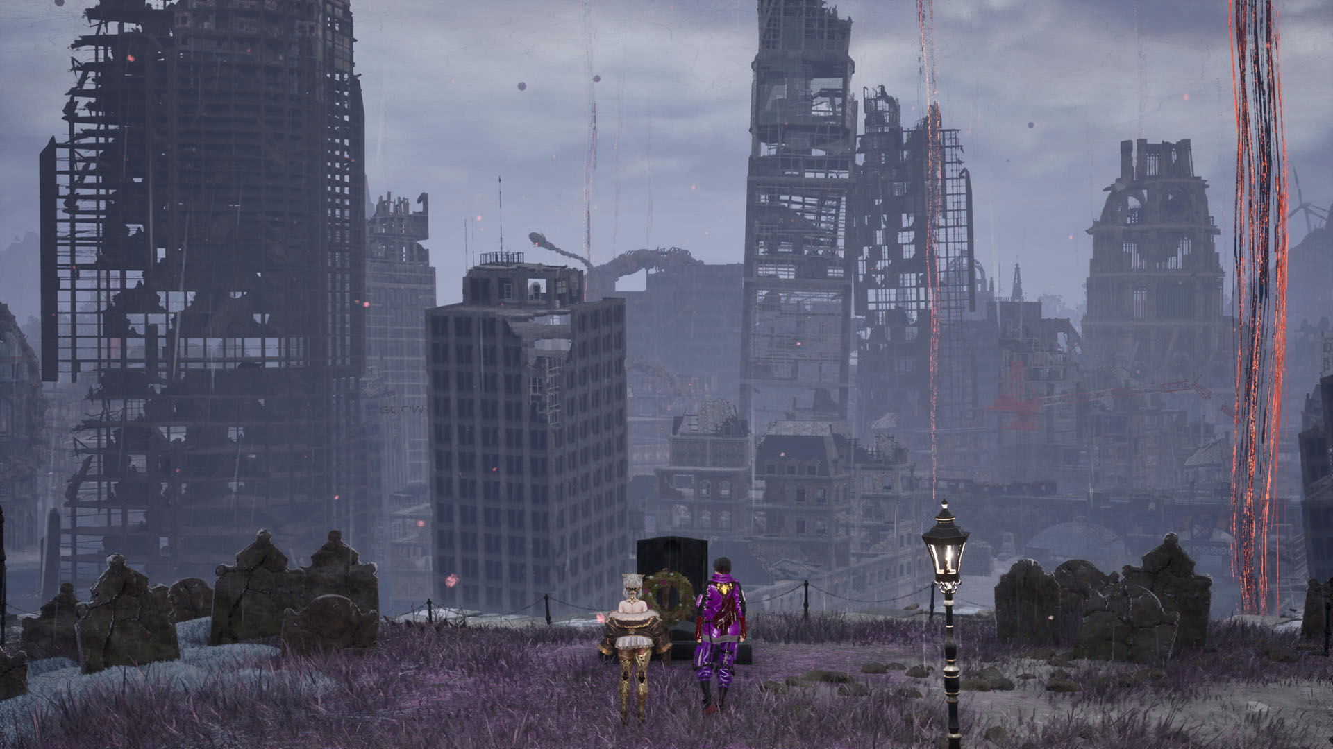 Two characters look out at a ruined city in Code Vein 2