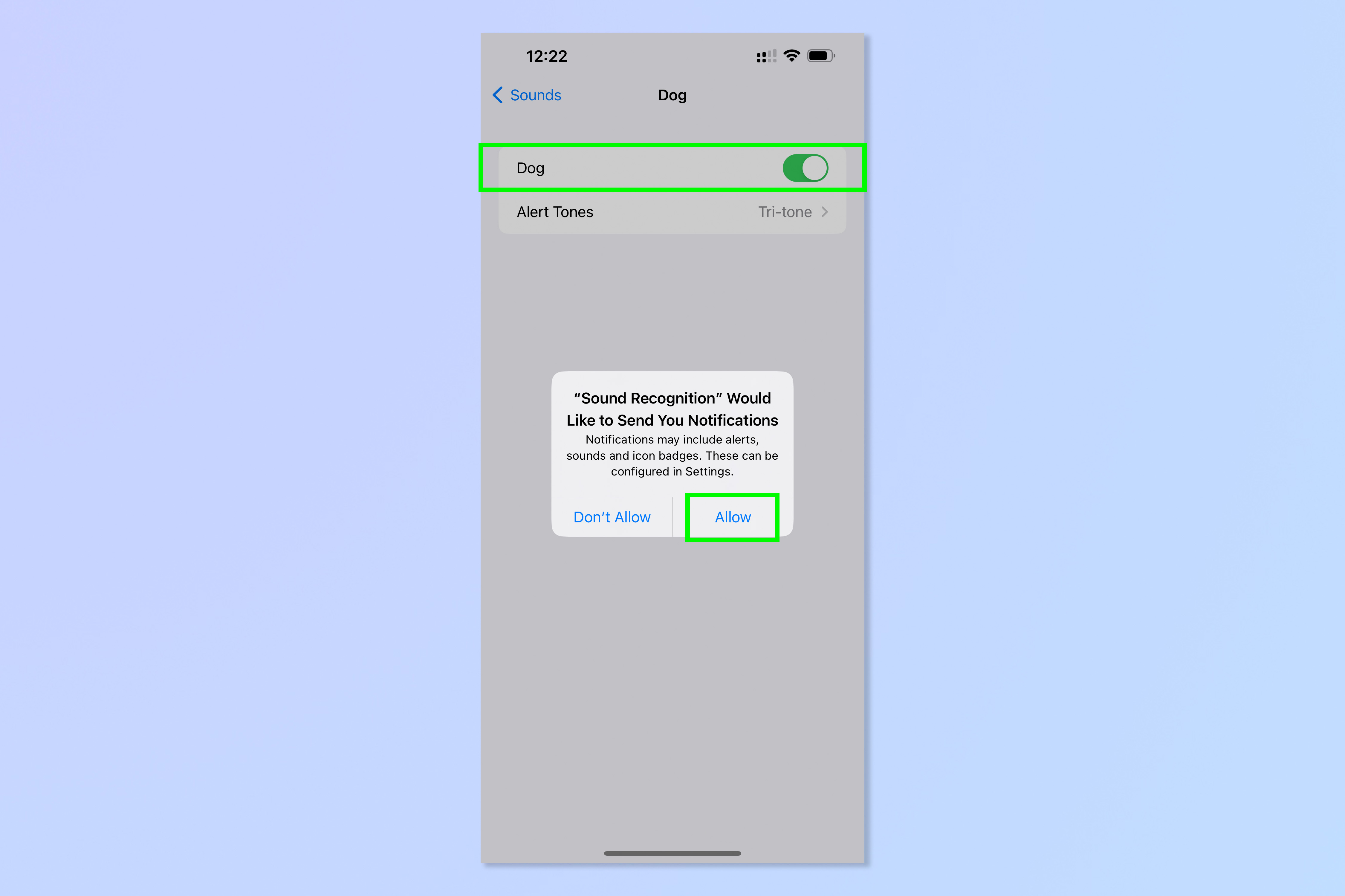 Снимок экрана, показывающий шаги, необходимые для включения распознавания звука на iPhone.