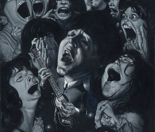 Charcoal drawing: image of paul mccartney surrounded by fans with their mouths open