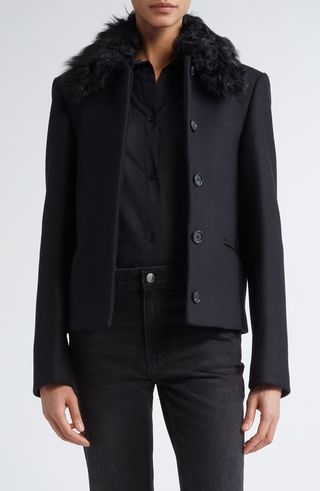 Wool Blend Jacket With Removable Genuine Shearling Collar