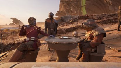 Star Wars Galactic Racer Biddy Blas and Katja Mox sitting at table talking while Shade stands in the background