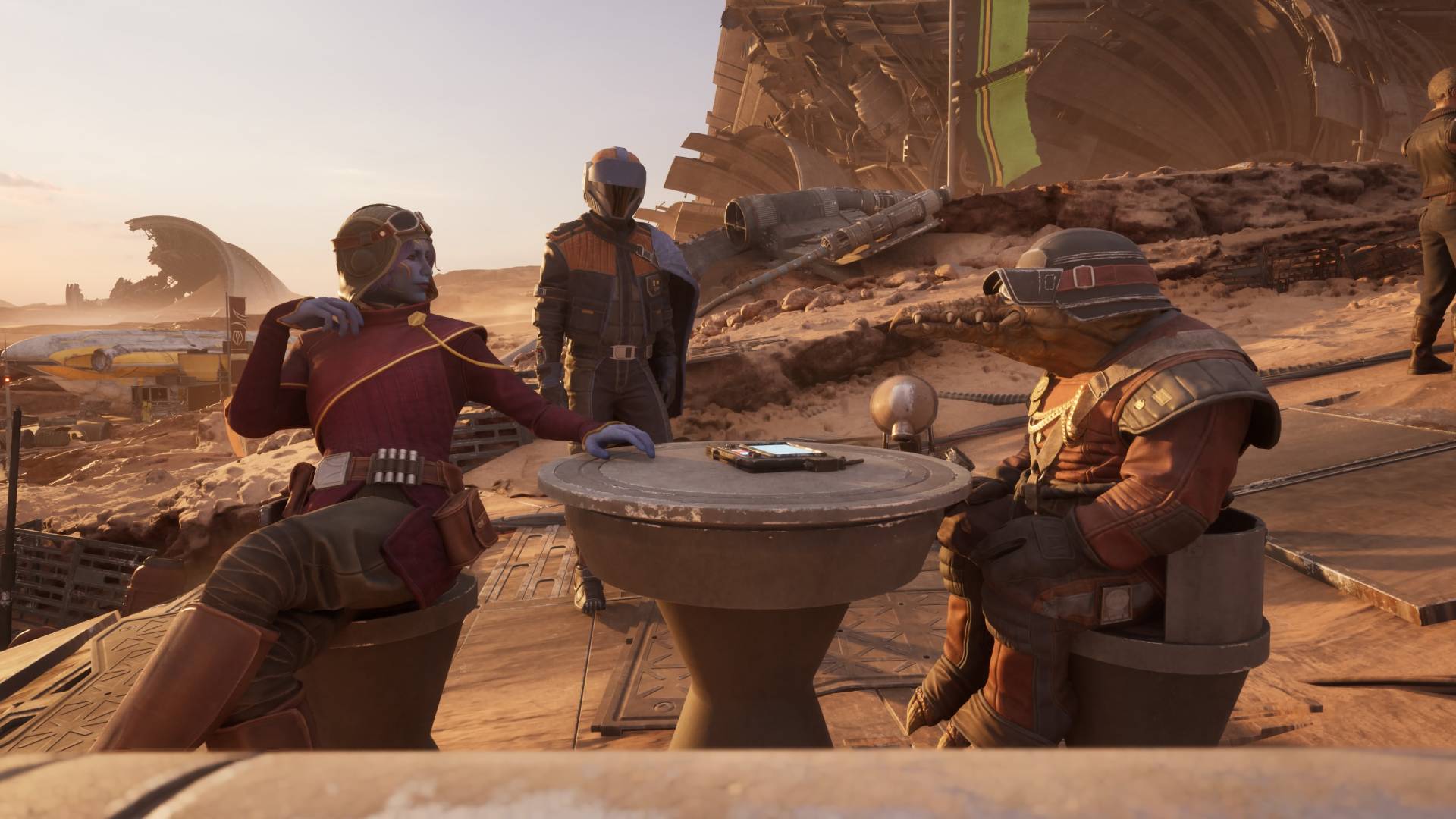 Star Wars Galactic Racer Biddy Blas and Katja Mox sitting at table talking while Shade stands in the background