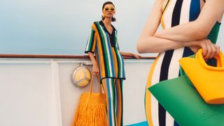 model wearing a striped set and model wearing striped dress from the SIMONMILLER x Mango summer capsule