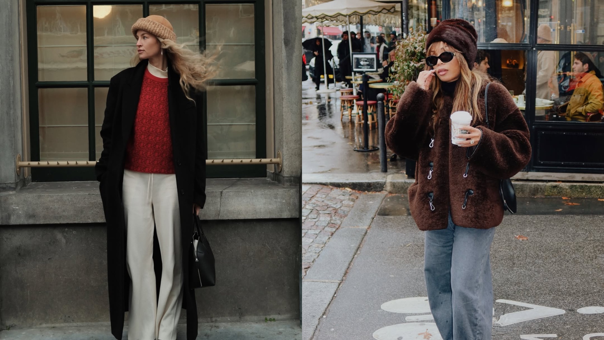 Two photos of @anoukyve and @slipintostyle in cozy winter outfits. 