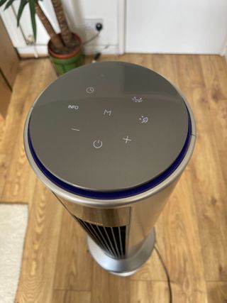 The Dreo Air Purifier Tower Fan MC710S from above, showing the touch control panel