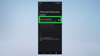 A screenshot from Android 12 showing the gesture settings for the power button