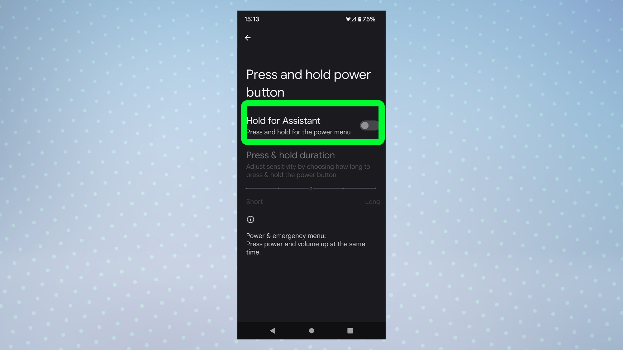 Екранна снимка на Android 12, показваща настройките за жестове за бутона за захранване