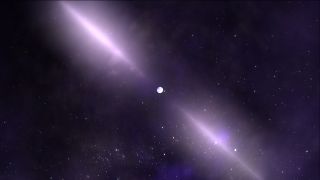 artist's impression of a pulsar showing a little white neutron star at the center and two large jets of light.