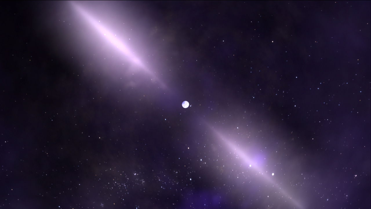A NASA illustration of a pulsar, a rapidly rotating neutron star, that periodically points bursts of radiation at Earth.
