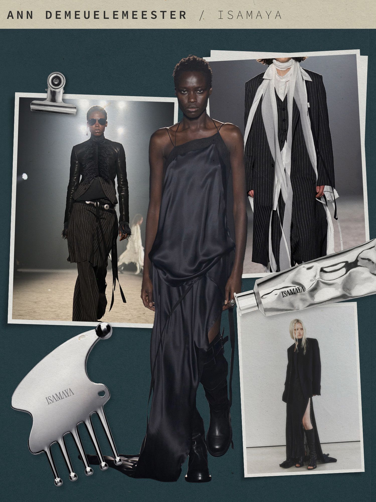 A collage of images from Ann Demeuelemeester runway shows with cutouts of Isamaya beauty products overlaid.