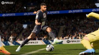 Mbappe dribbling the ball in a cinematic FIFA 23 screenshot 