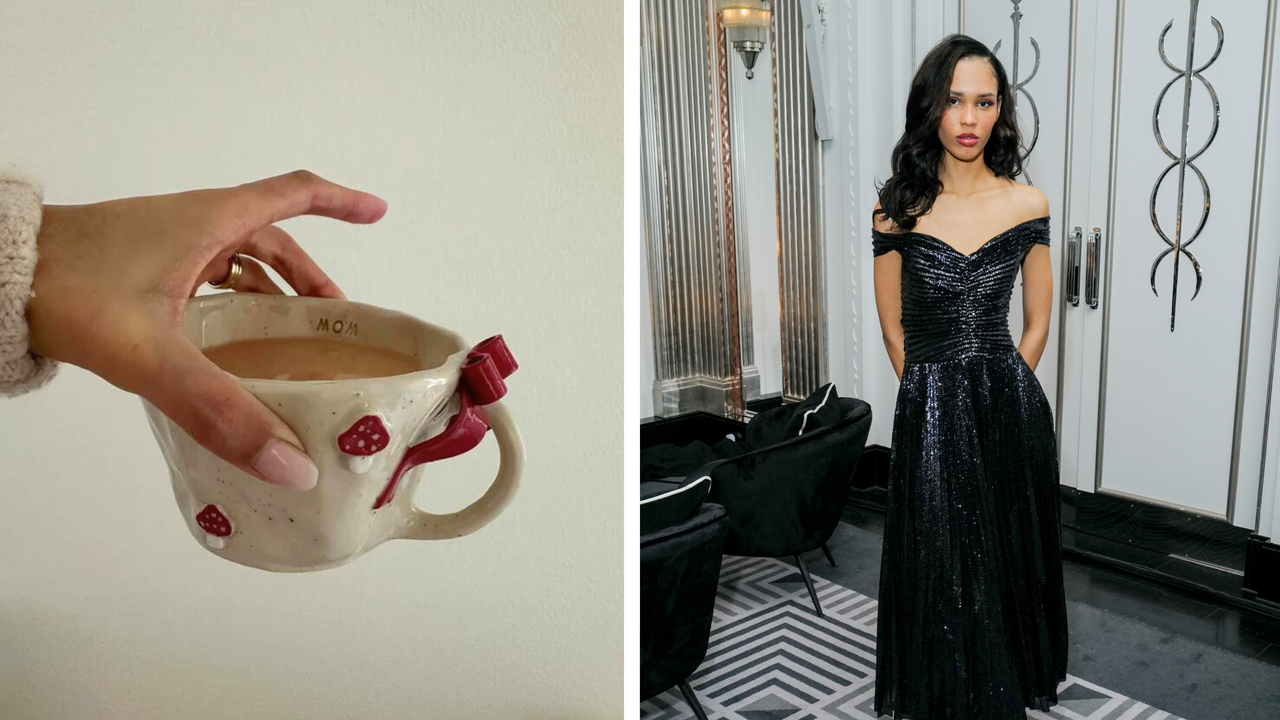 Left image: A hand holding a white mug from the top. The mug has &quot;Mom&quot; printed on the inner rim, and features a mushroom pattern on the outside, with a red bow above the handle. Right image: Nara Smith with her dark hair down, in a sequined black off shoulder dress at a press event.