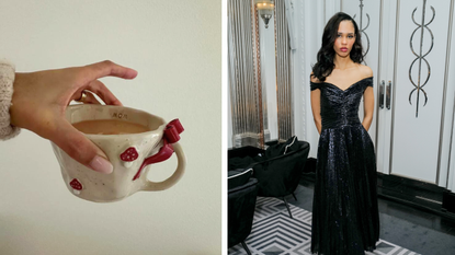 Left image: A hand holding a white mug from the top. The mug has "Mom" printed on the inner rim, and features a mushroom pattern on the outside, with a red bow above the handle. Right image: Nara Smith with her dark hair down, in a sequined black off shoulder dress at a press event.