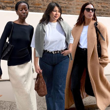 fashion collage of three style influencers Sylvie Mus, Marina Torres, and Jessica Skye wearing chic outfits with elevated basics including a boatneck top, straight-leg jeans, white T-shirt, and camel coat