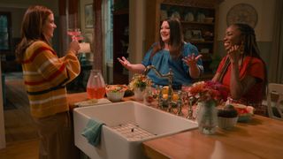 JoAnna Garcia Swisher as Maddie Townsend, Brooke Elliott as Dana Sue Sullivan, Heather Headley as Helen Decatur drinking margaritas in Sweet Magnolias season 3