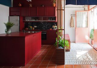 A red kitchen with door onto backyard
