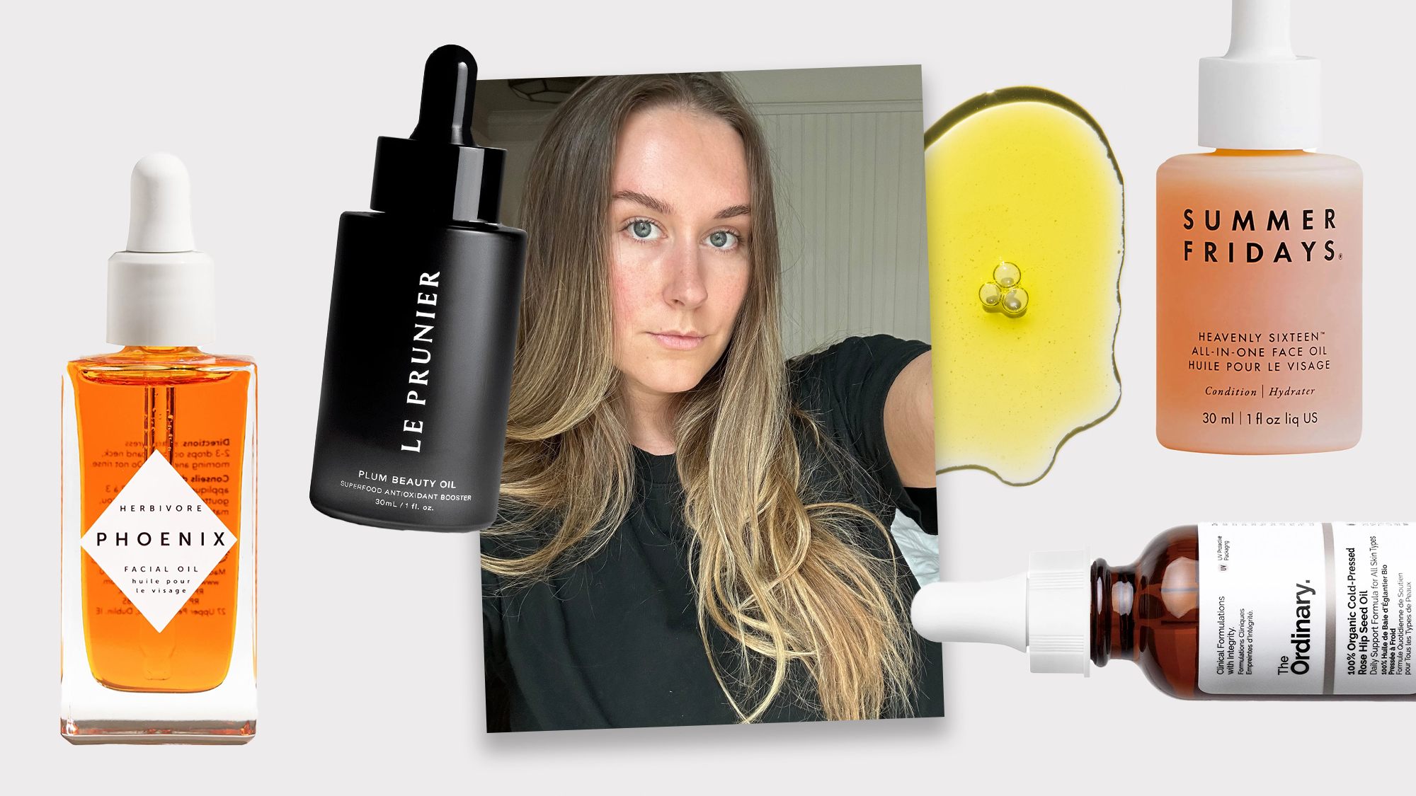 A picture of beauty editor Kaitlyn McLintock wearing Vintner's Daughter Active Botanical Serum surrounded by some of the best face oils for dry skin.