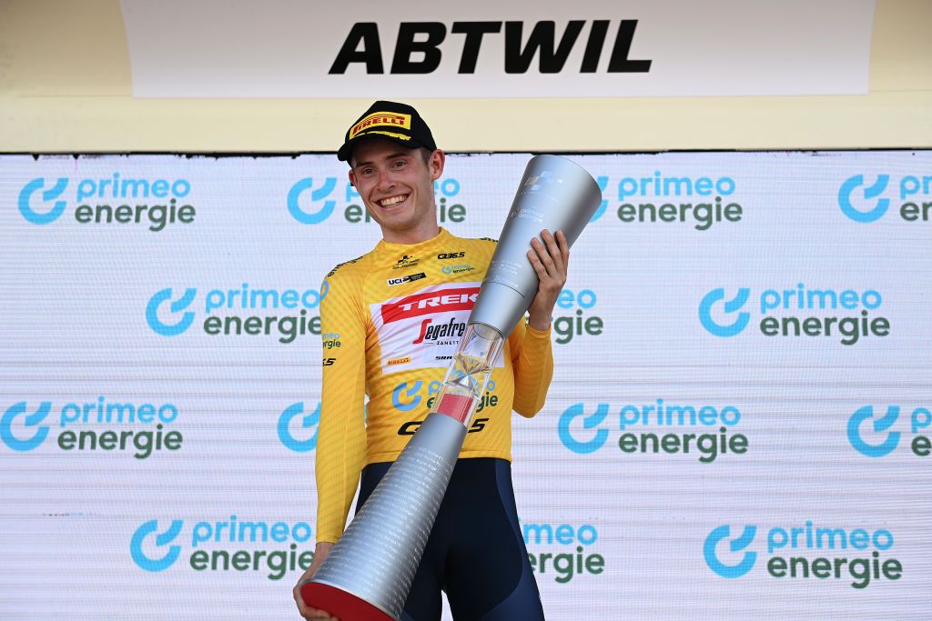 ABTWILL SWITZERLAND JUNE 18 Mattias Skjelmose Jensen of Denmark and Team TrekSegafredo Yellow Leader Jersey celebrates at podium race overall winner during the 86th Tour de Suisse 2023 Stage 8 a 257km individual time trial from St Gallen to Abtwil UCIWT on June 18 2023 in Abtwil Switzerland Photo by Tim de WaeleGetty Images