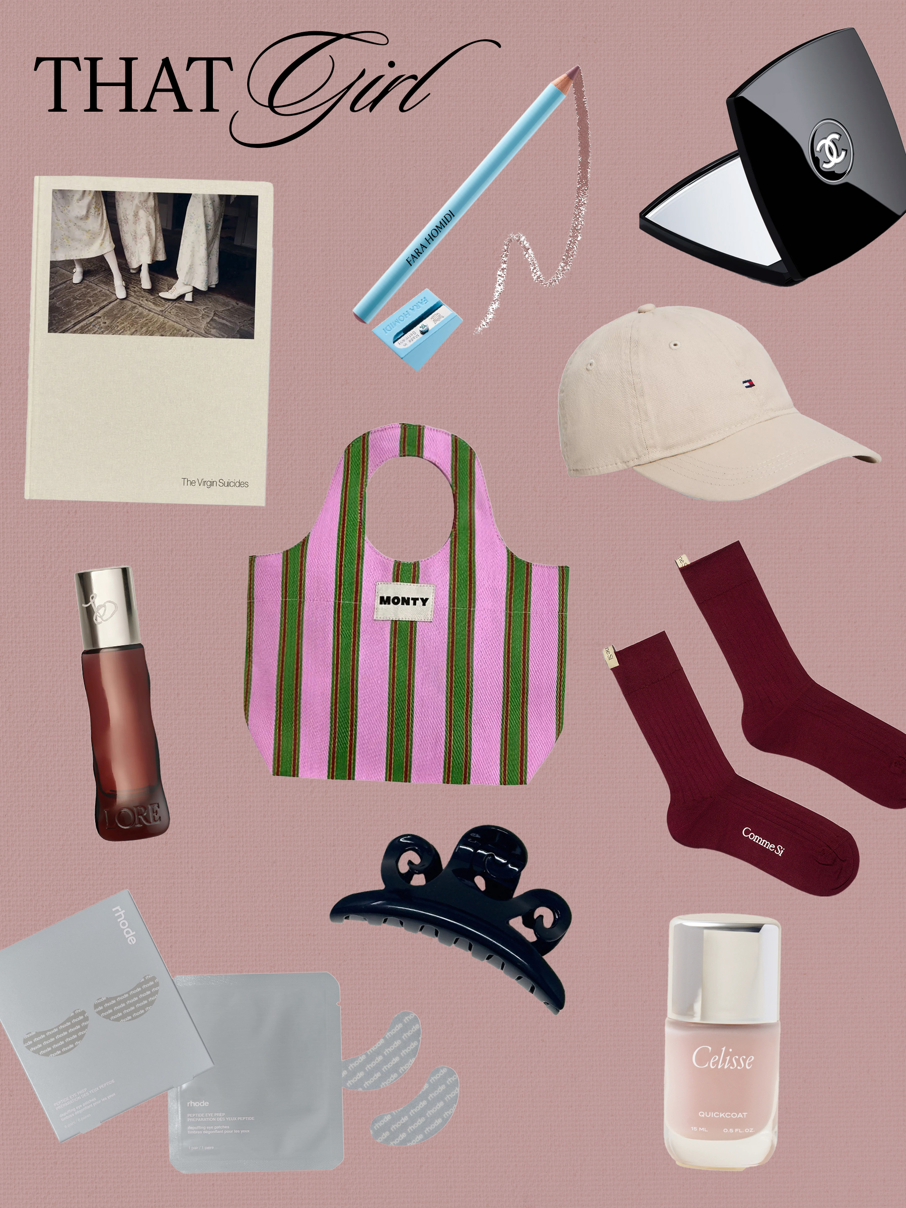 collage of chic under $50 holiday gifts for fashion people like Sofia Coppola&#039;s The Virgin Suicide book, Fara lip pencil, a Chanel compact mirror, Tommy Hilfiger baseball cap, Monty striped tote bag, Comme Si socks, Lore travel perfume, Merrma Earth River Clip, Rhode eye patches, and Celisse nail polish