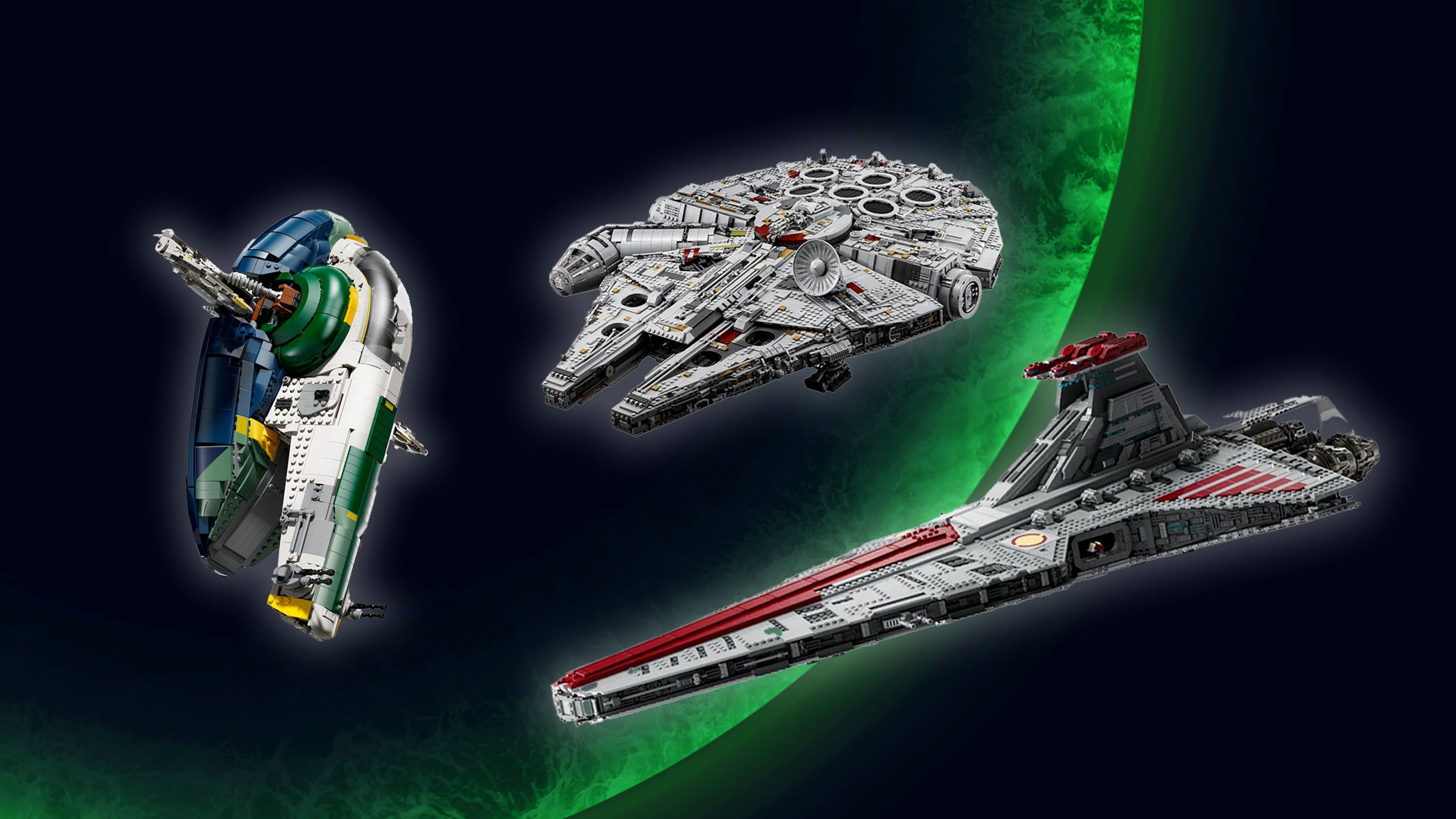 Three Lego Star Wars star ships against a green planet background. 
