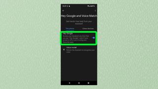 A screenshot from Android showing the Hey Google and Voice Match menu with Hey Google highlighted