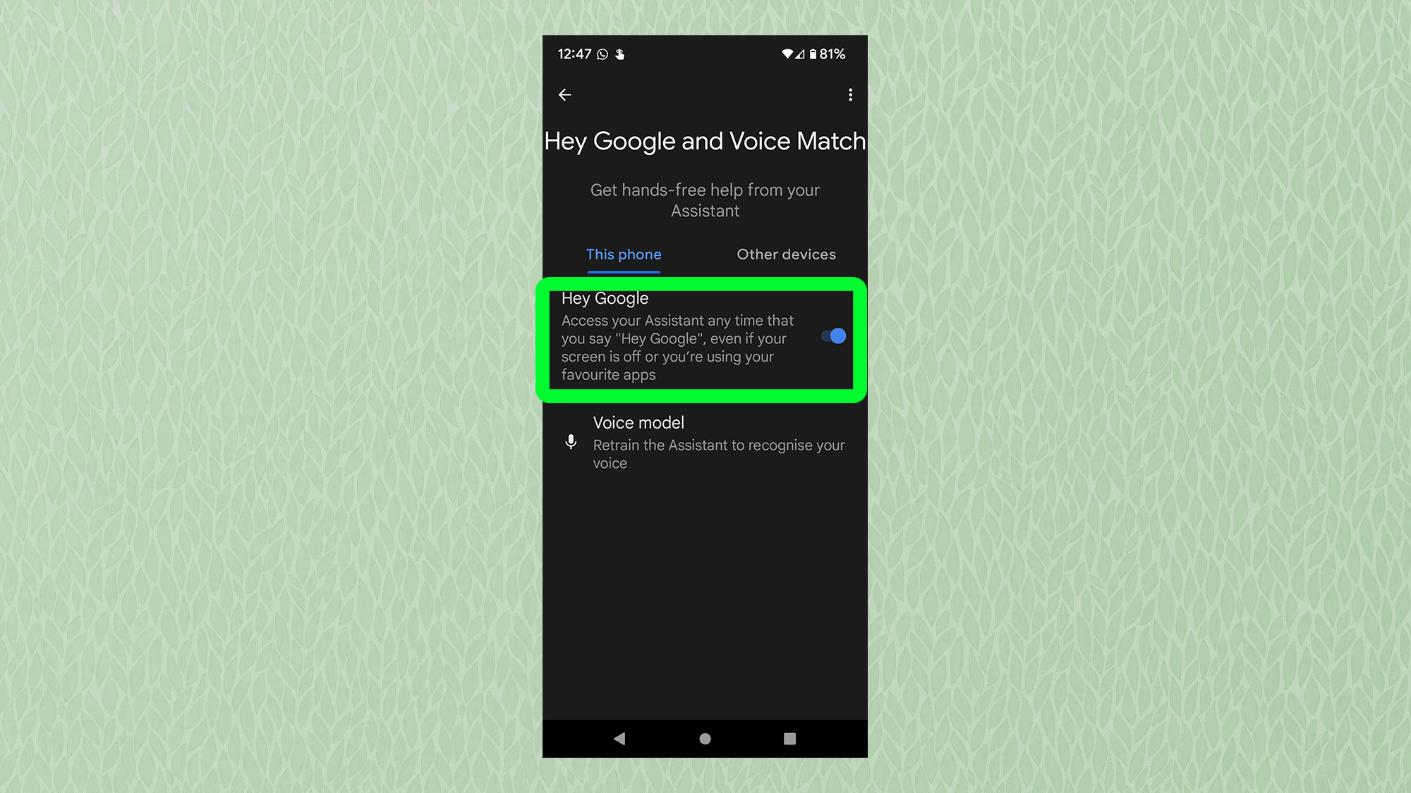 Снимок экрана с Android, показывающий меню Hey Google и Voice Match с выделенным Hey Google