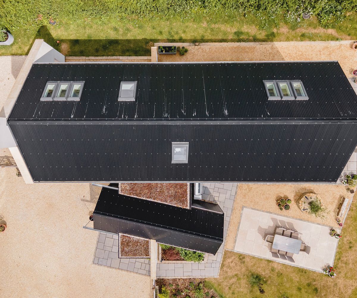 Birdseye photo of the roof of a self build home with velux roof lights