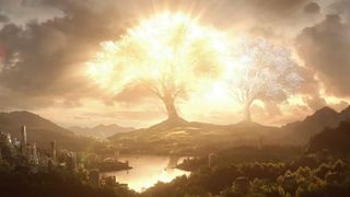 A screenshot of the two trees in Valinor during The Rings of Power season 1.