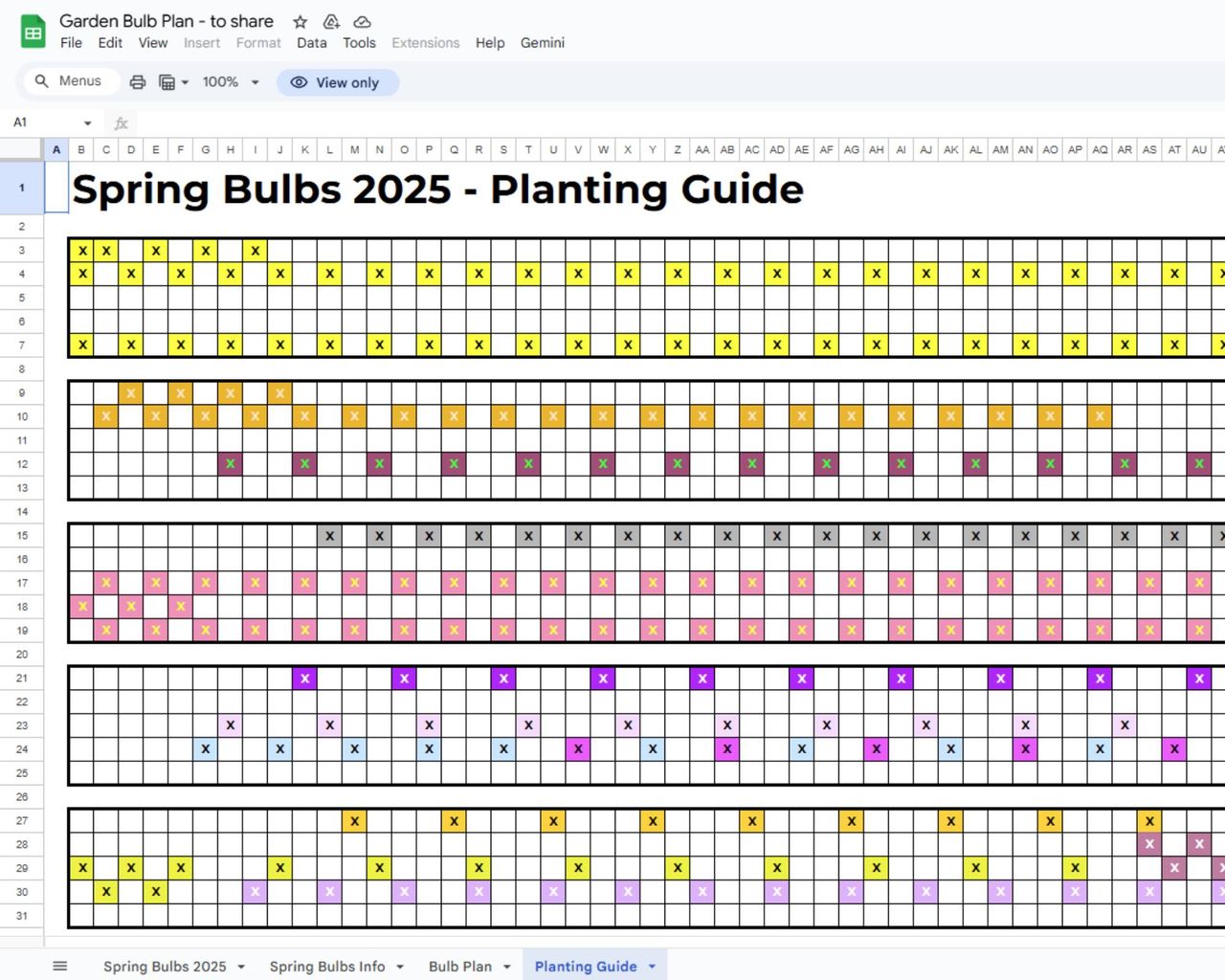 Bulb planting guide laid out in Google Sheets