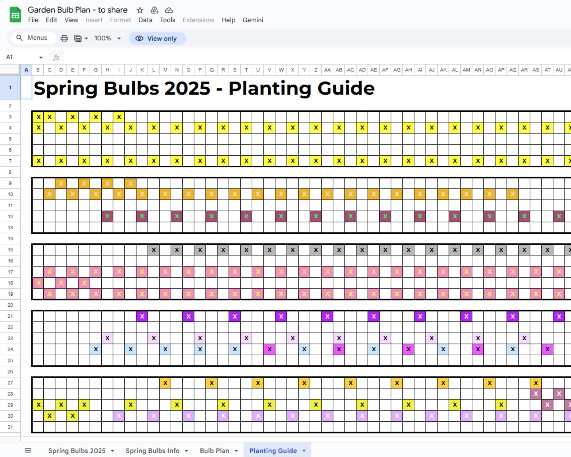 Bulb planting guide laid out in Google Sheets