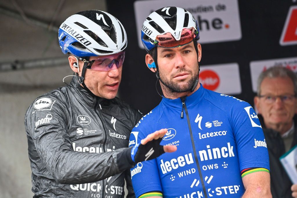 Dutch Fabio Jakobsen of Deceuninck QuickStep and British Mark Cavendish of Deceuninck QuickStep pictured at the start of the BincheChimayBinche Memorial Frank Vandenbroucke one day cycling race of 1986 km Tuesday 05 October 2021 BELGA PHOTO LAURIE DIEFFEMBACQ Photo by LAURIE DIEFFEMBACQBELGA MAGAFP via Getty Images