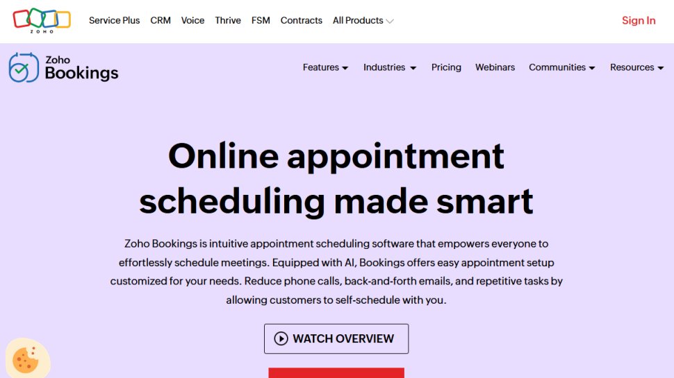 Zoho Bookings website screenshot (February 2026).
