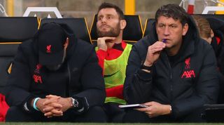 Liverpool manager Jurgen Klopp looks dejected alongside assistant Peter Krawietz during the Reds' 3-0 loss at Wolves in February 2023.