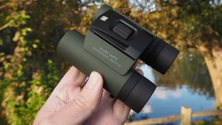 Close up photo of the Olympus 8x25 WP II binoculars