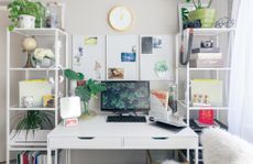 Room with desk and computer with decor and plants