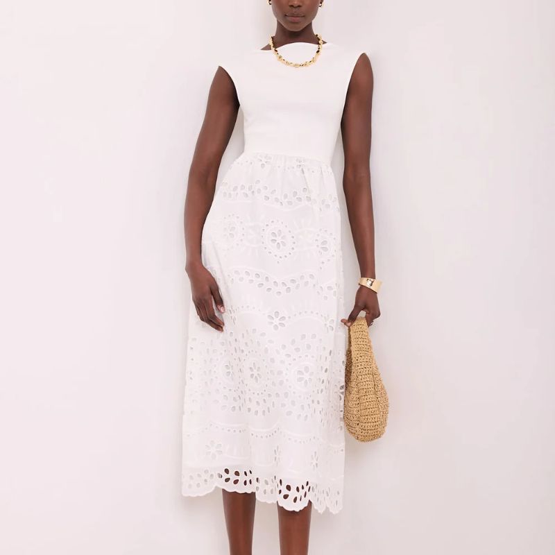 Mint Velvet , White Jersey Broderie Midi Dress