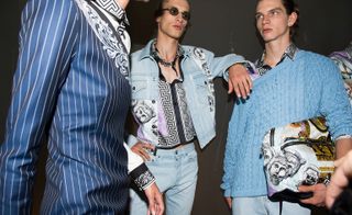 Male models wearing blue clothes from the Versace S/s 2018 collection