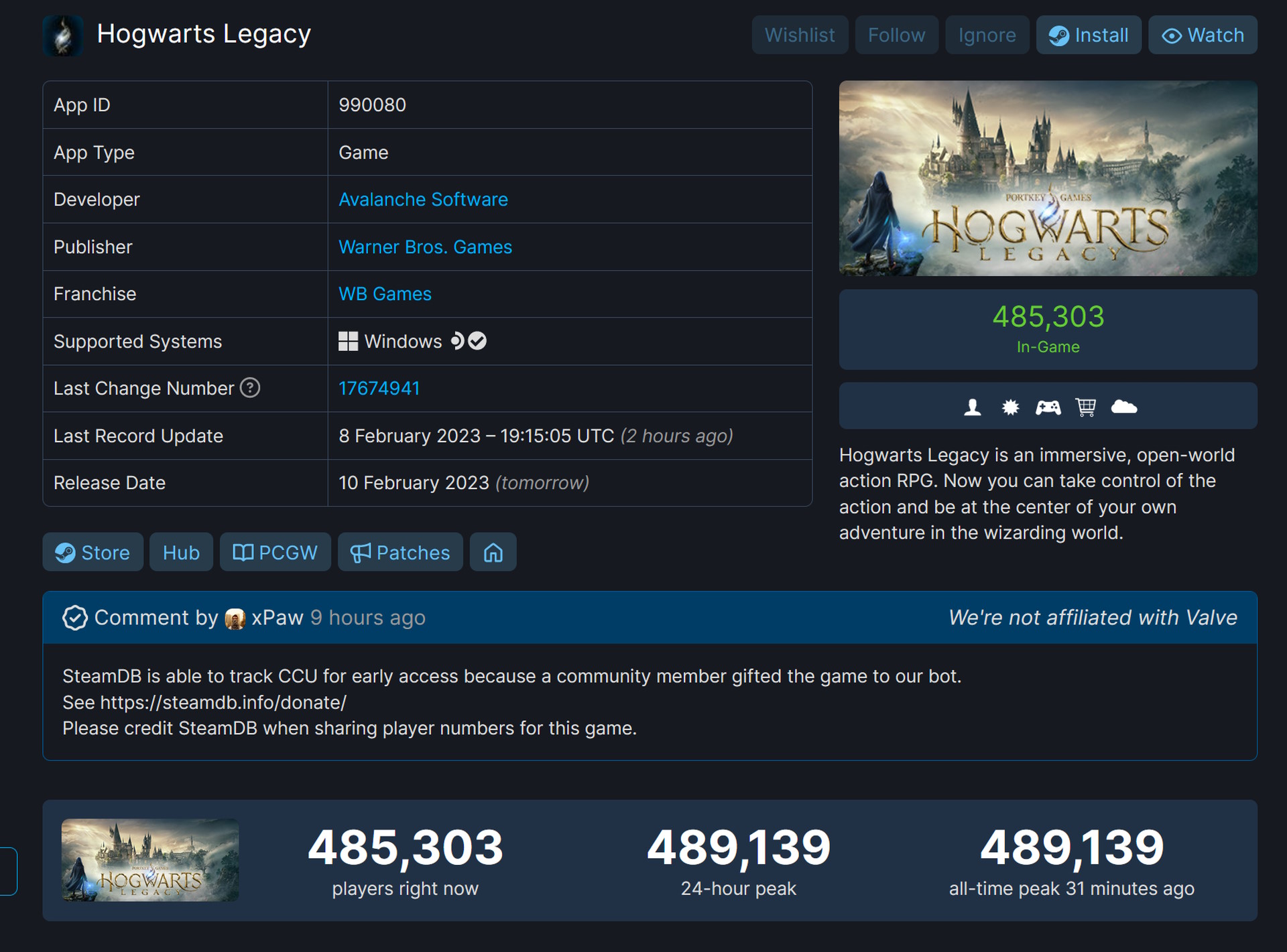 Page Hogwarts Legacy SteamDB indiquant plus de 489 000 joueurs simultanés