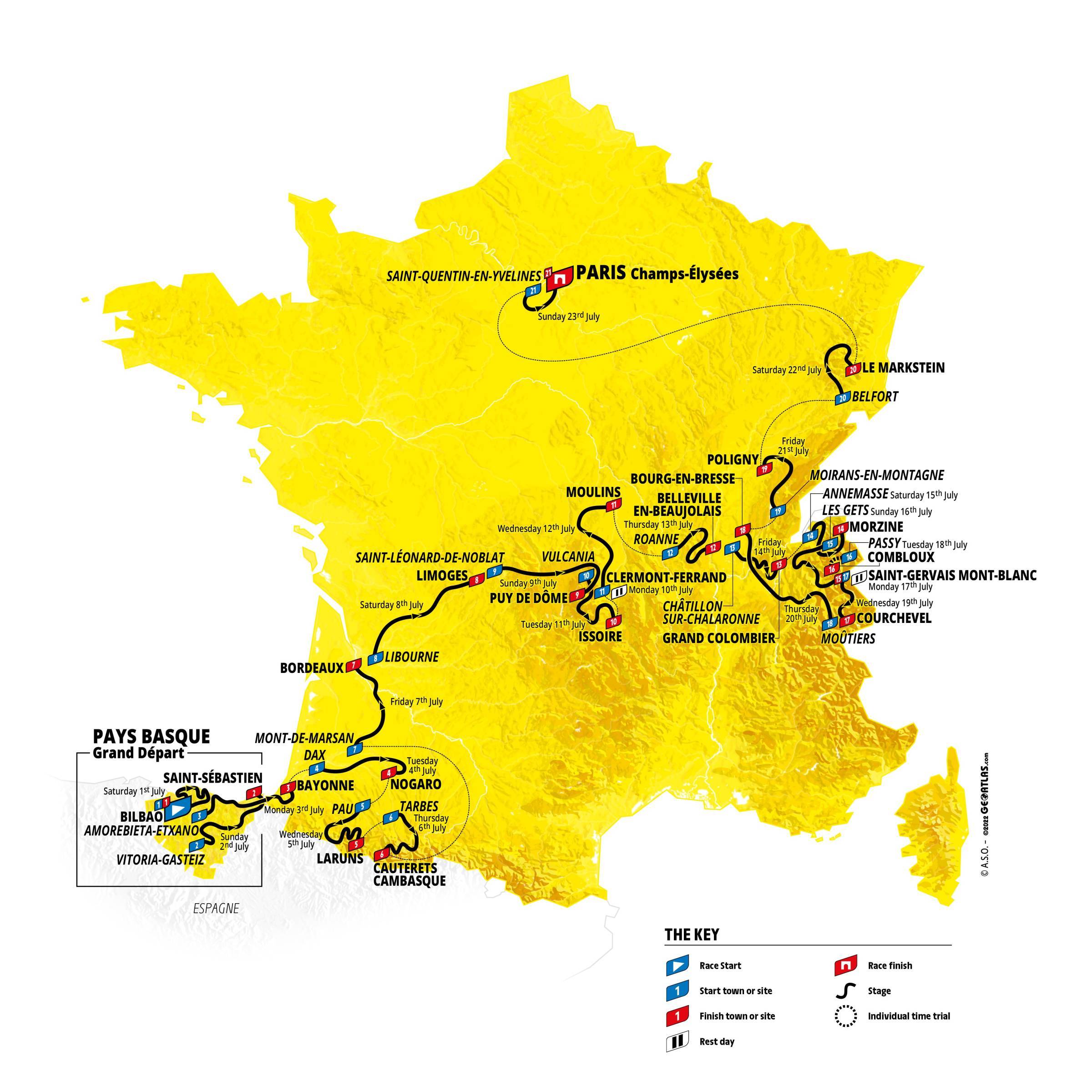 Eine Karte mit der Route der Tour de France 2023