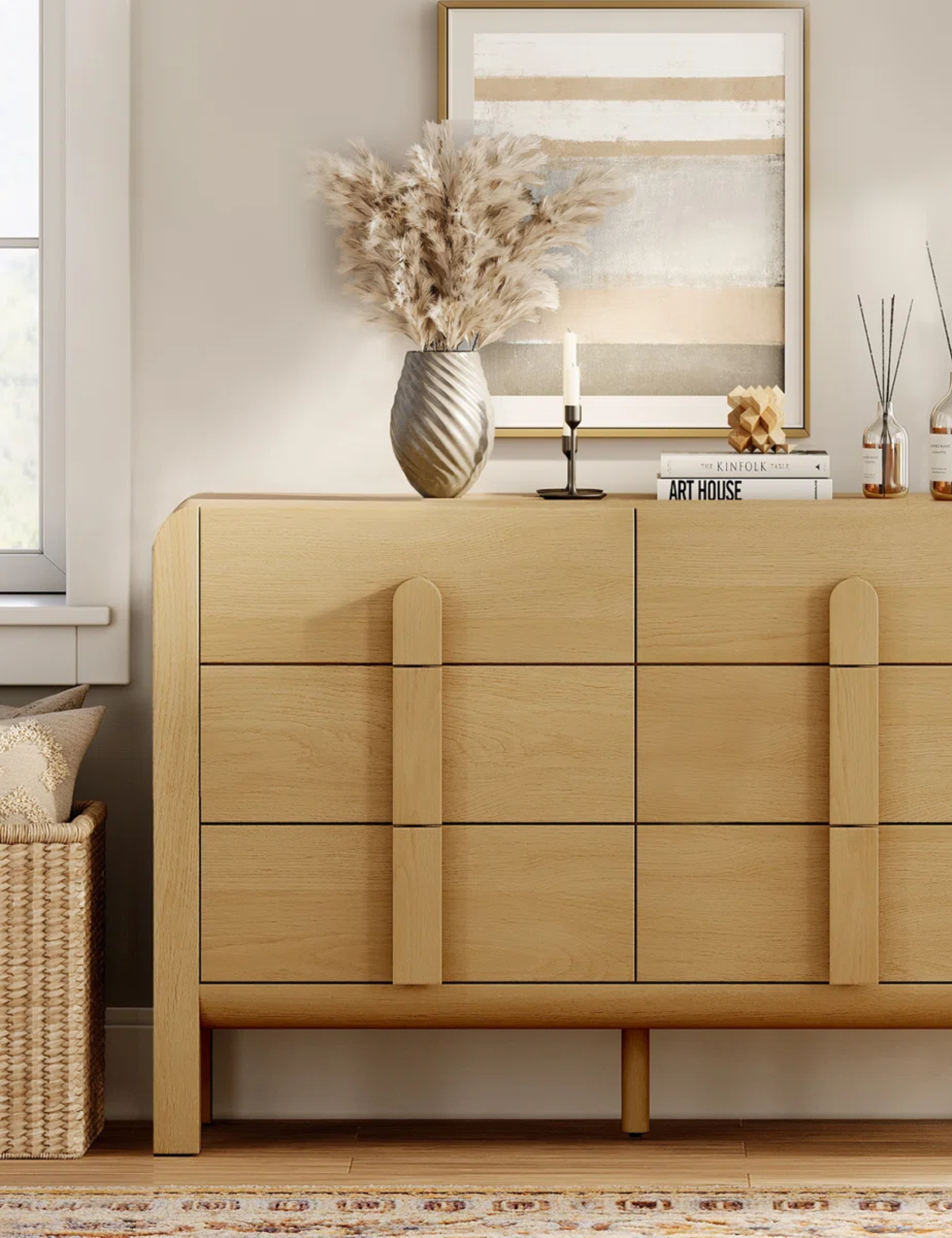 Contemporary Scandi-style wooden dresser pictured in a neutral bedroom