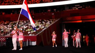 Flag bearers Veronica Cepede Royg and Fabrizio Zanotti of Team Paraguay during the Opening Ceremony of the Tokyo 2020 Olympic Games