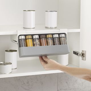 spice rack inside a wall mounted cabinet, including spices
