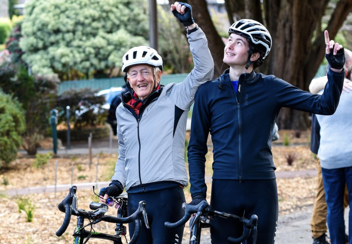Bob Montgomery and grandson Tom Malcolm at the end of their ride across Australia