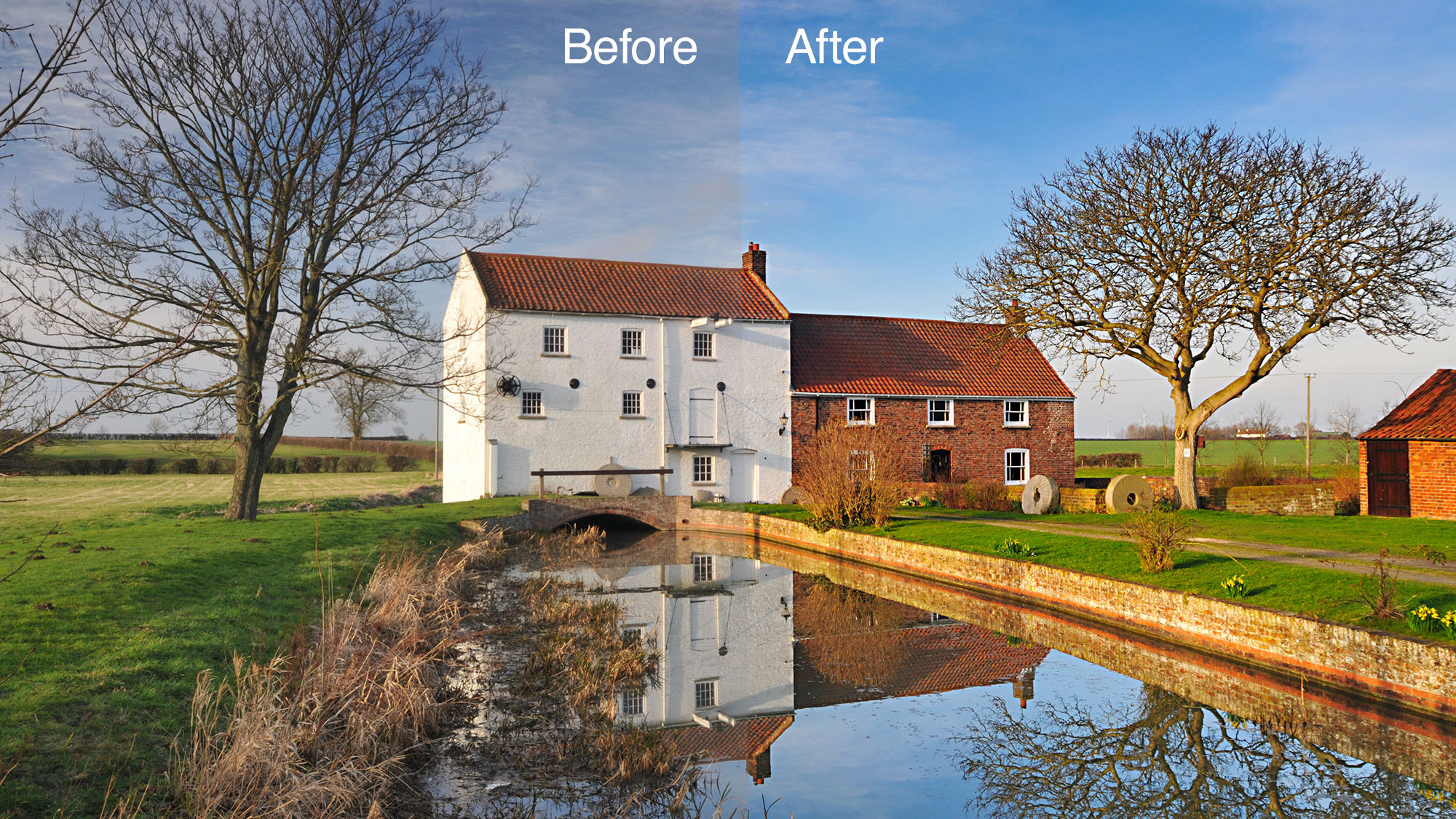 Before and after image of a mill house edited using a macro