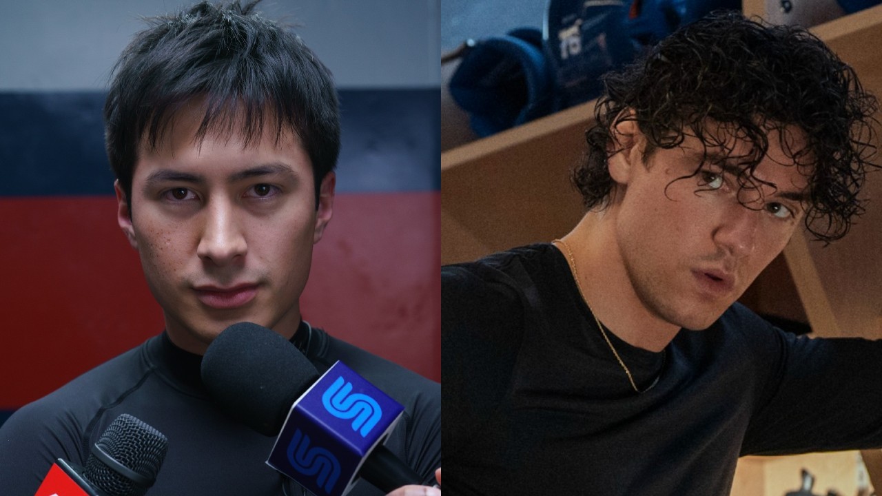 From left to right: Hudson Williams talking into a mic in Heated Rivalry and Belmont Cameli looking to his left while leaning on a locker in Off Campus.
